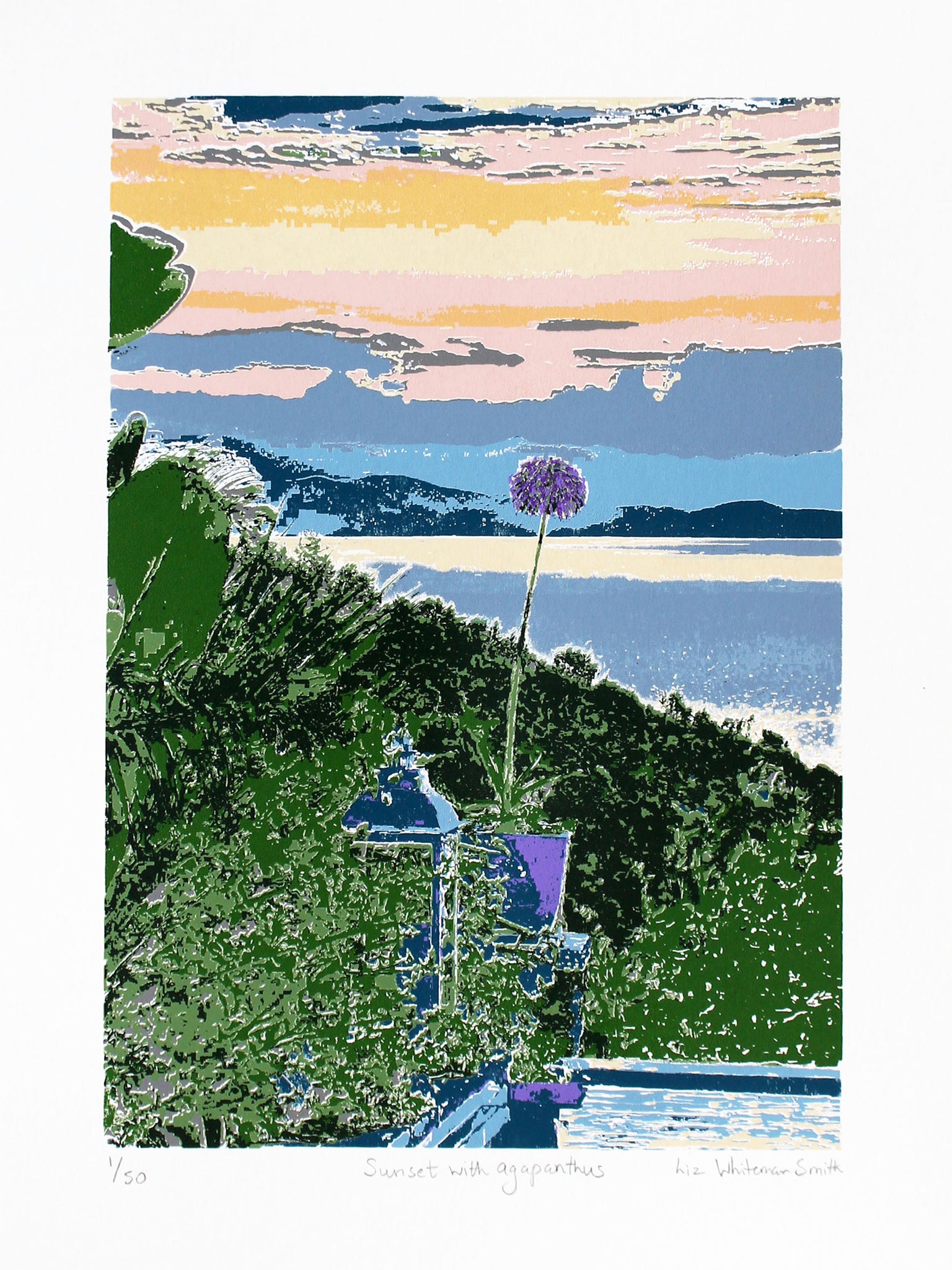 Screen print of a garden scene with a lantern and purple flower against a colourful sky.