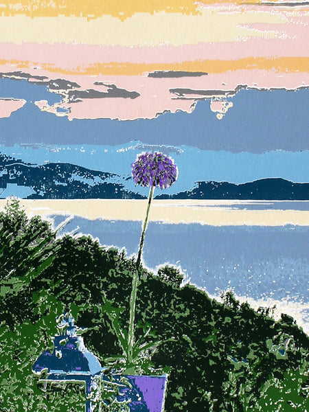 Screen print of a purple flower with a stylised  Greek landscape in the background