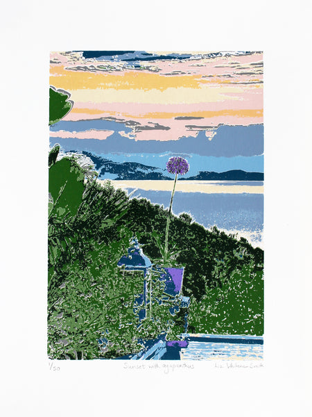 Beautiful Greek landscape with a purple flower, green trees, and a blue sky.