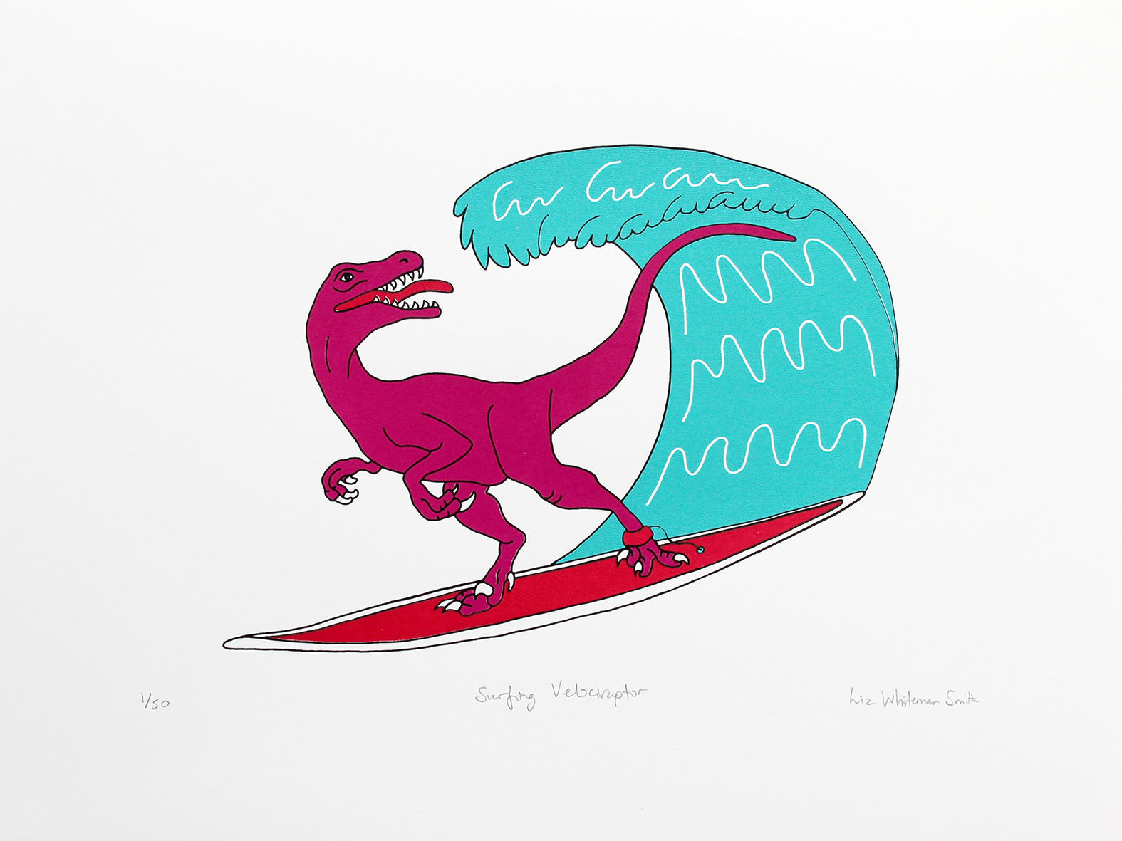 Print of a pink dinosaur on a surfboard riding the waves 