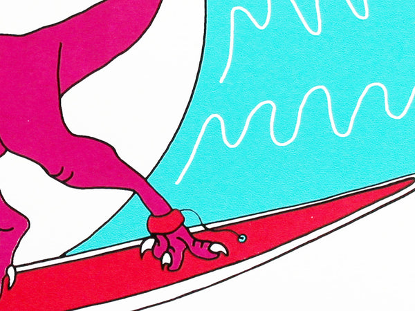 Print of a pink dinosaur on a surfboard riding the waves 