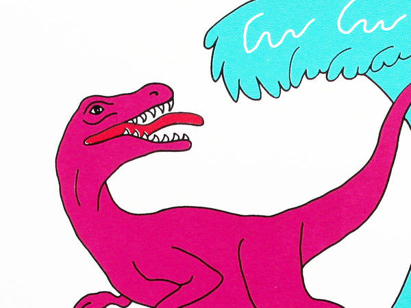 Print of a pink dinosaur on a surfboard riding the waves 