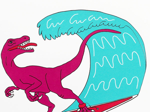 Print of a pink dinosaur on a surfboard riding the waves 