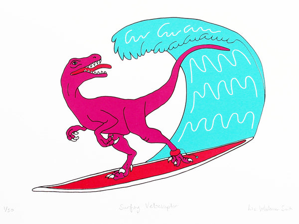 Print of a pink dinosaur on a surfboard riding the waves 