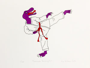 Purple dinosaur in a white martial art coat with a red belt practising  taekwondo moves