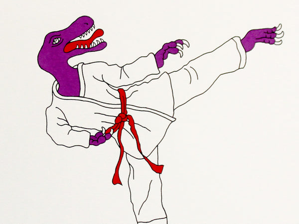 Purple dinosaur in a white martial art coat with a red belt practising  taekwondo moves