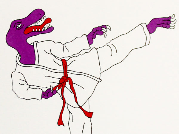 Purple dinosaur in a white martial art coat with a red belt practising  taekwondo moves