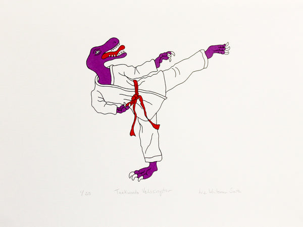 Purple dinosaur in a white martial art coat with a red belt practising  taekwondo moves