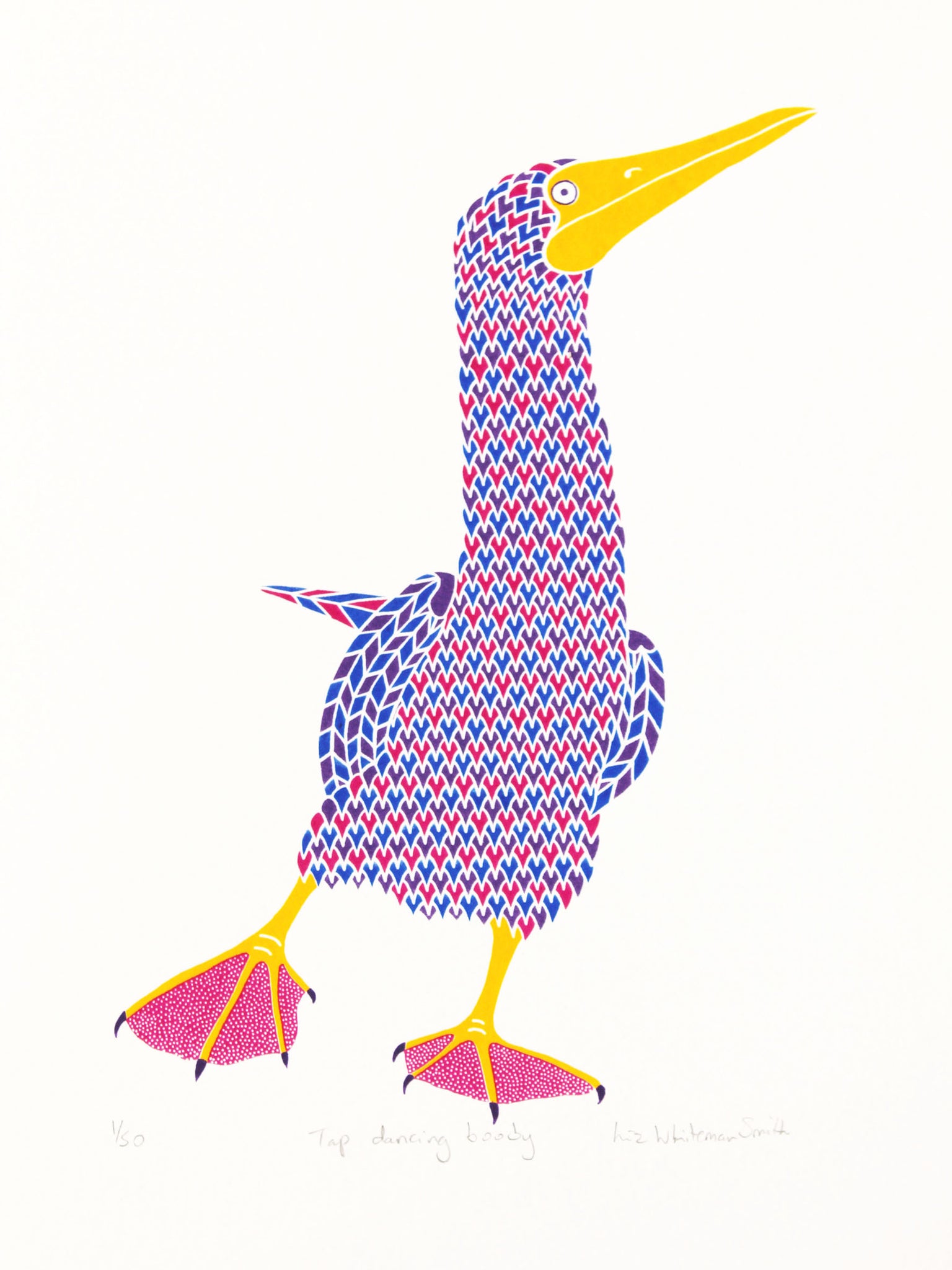 Pink booby bird with dot pattern on feet  screen print