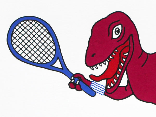 Print of a Pink dinosaur holding a blue tennis racquet