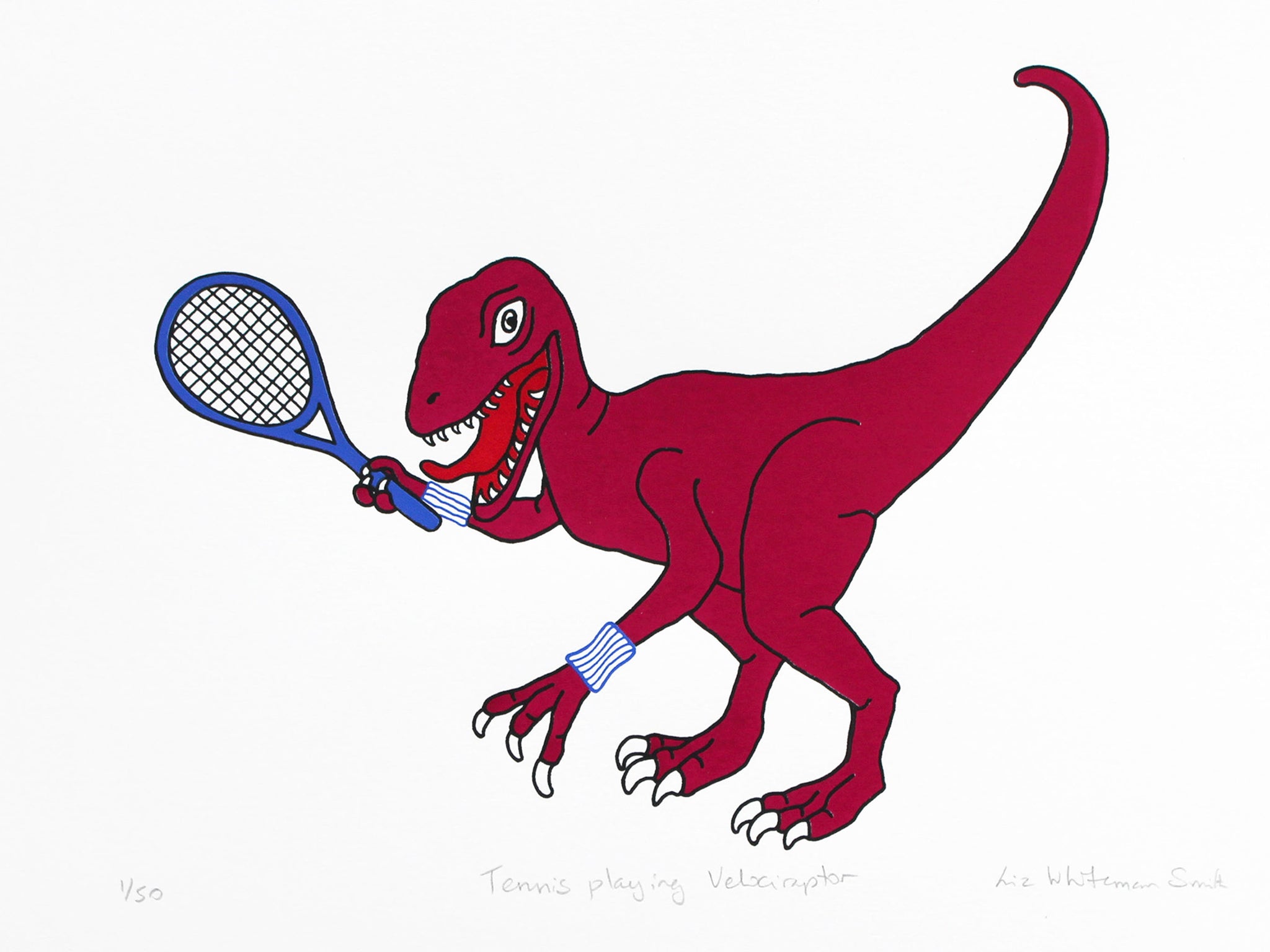 Print of a Pink dinosaur holding a blue tennis racquet