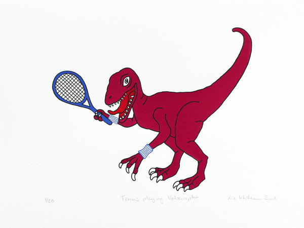 Print of a Pink dinosaur holding a blue tennis racquet