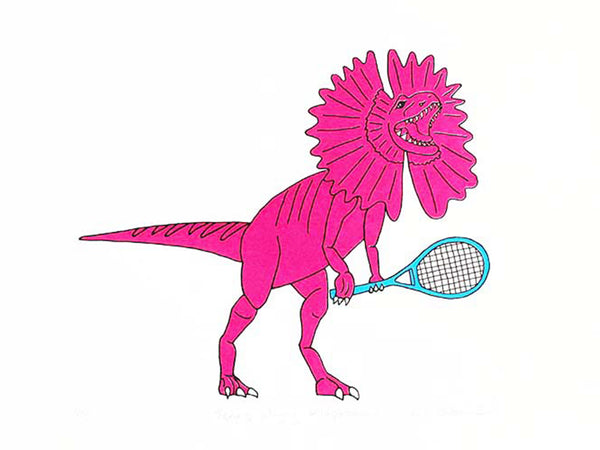 Print of a pink dilophosaurus playing tennis