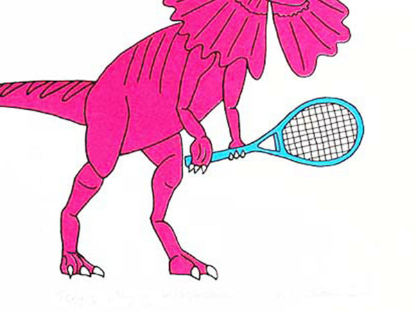 Print of a pink dilophosaurus playing tennis