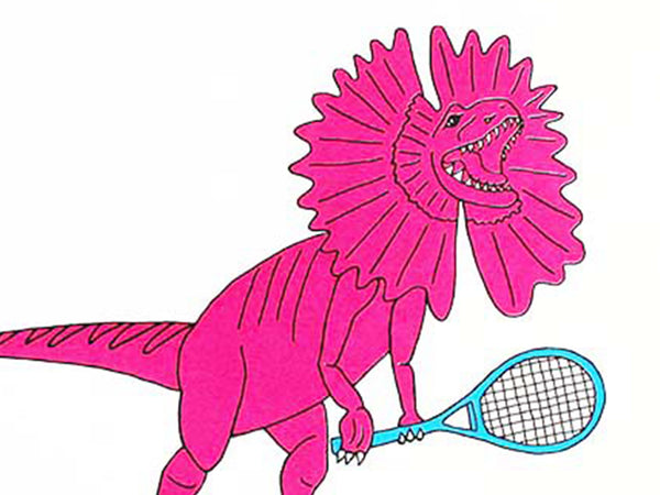 Print of a pink dilophosaurus playing tennis