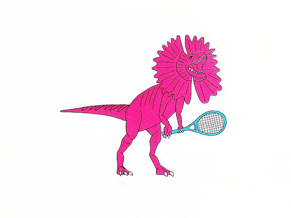 Print of a pink dilophosaurus playing tennis