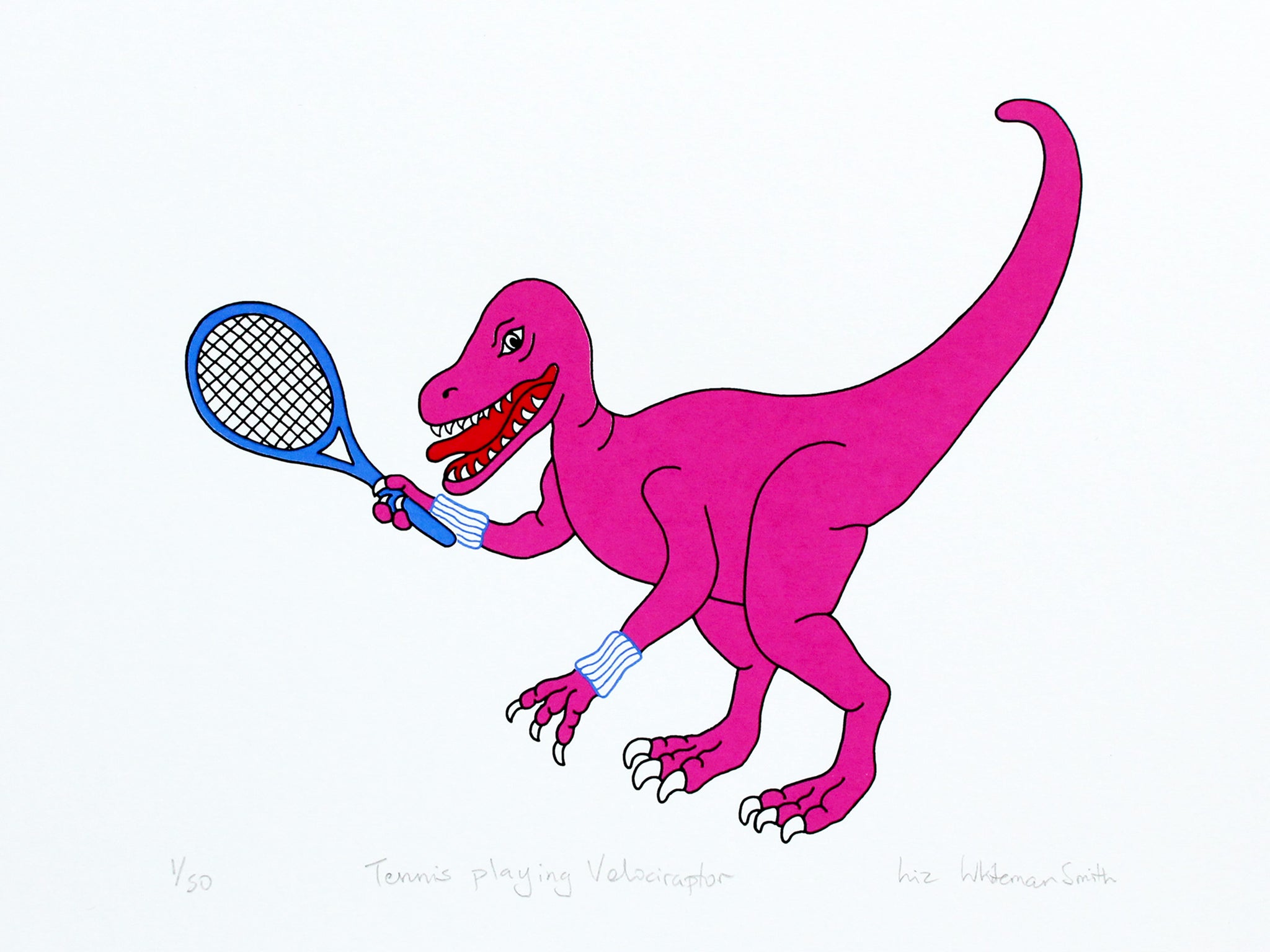 Pink dinosaur holding a blue tennis racket on a white background