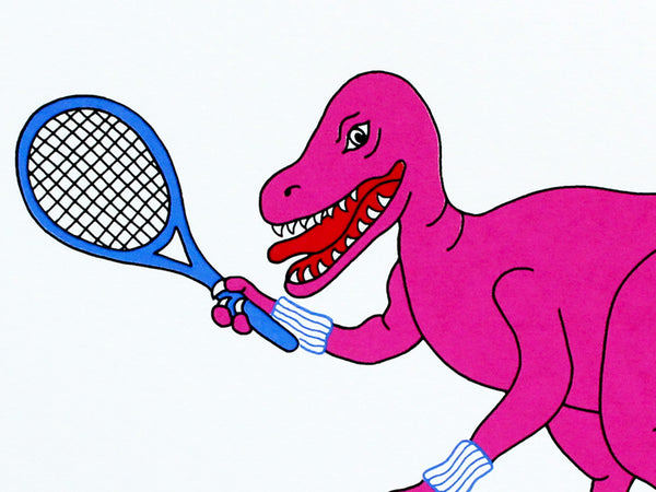 Pink dinosaur holding a blue tennis racket on a white background