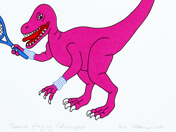 Colorful illustration of a pink velociraptor holding a tennis racket on a white background.