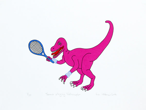 Pink dinosaur holding a tennis racket on a white background
