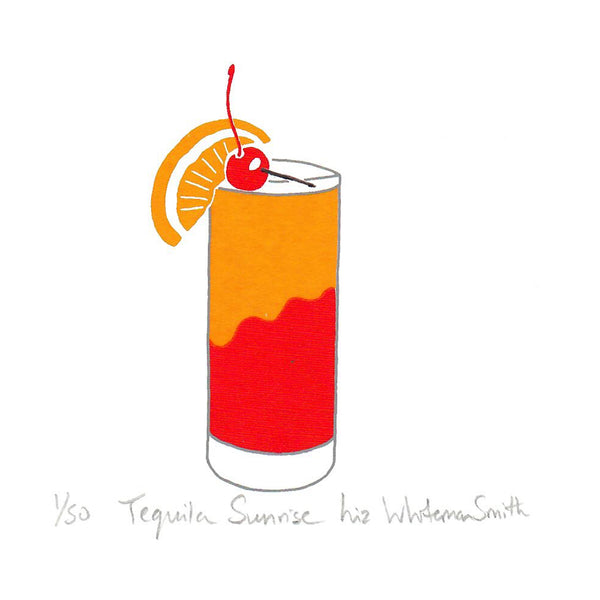 A print of a tall cocktail glass filled with orange and red layers, topped with a red cherry on a cocktail stick and an orange slice garnish, on a white background.