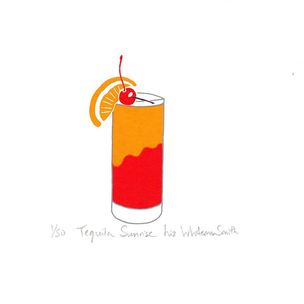 A print of a tall cocktail glass filled with orange and red layers, topped with a red cherry on a cocktail stick and an orange slice garnish, on a white background.