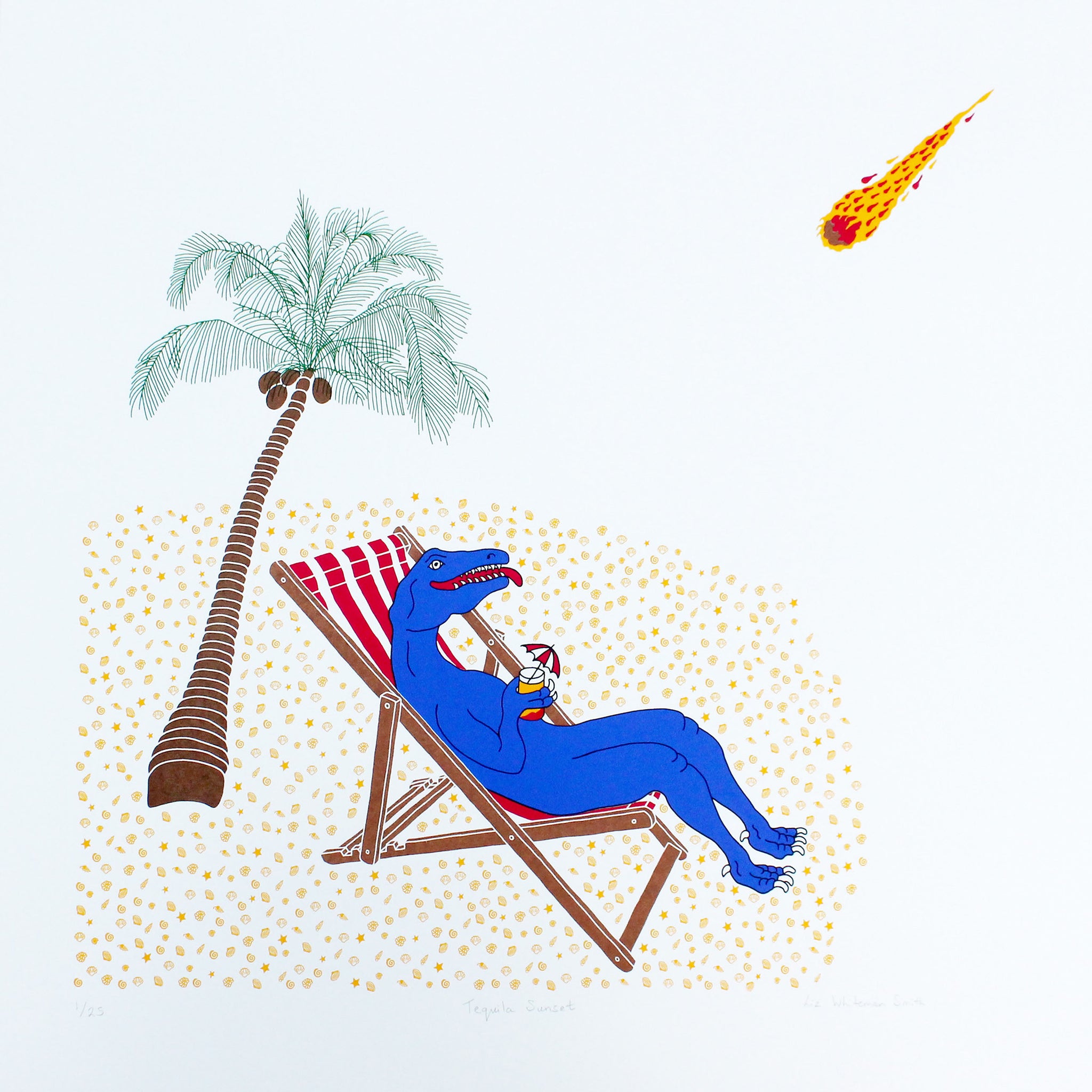 print of a dinosaur relaxing in a deckchair on a desert island as a meteor hurtles towards him