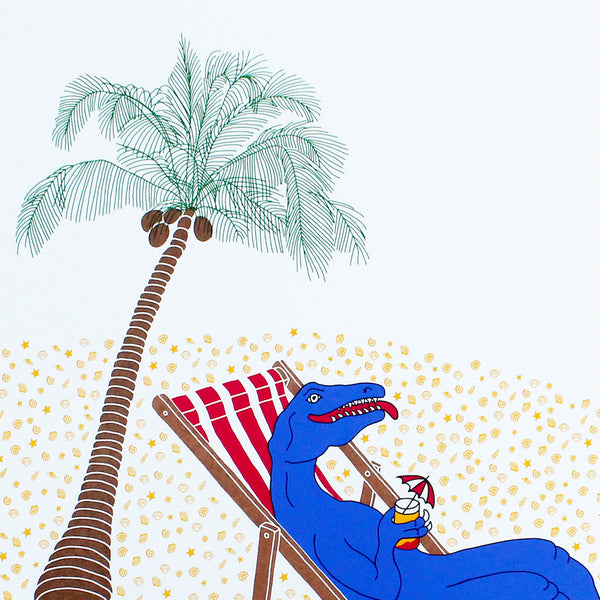 print of a dinosaur relaxing in a deckchair on a desert island as a meteor hurtles towards him