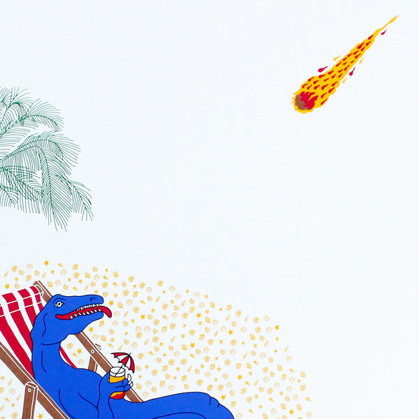 print of a dinosaur relaxing in a deckchair on a desert island as a meteor hurtles towards him