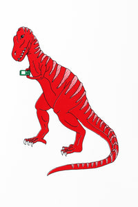 Print of a red T-Rex dinosaur texting on his phone