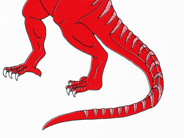 Print of a red T-Rex dinosaur texting on his phone