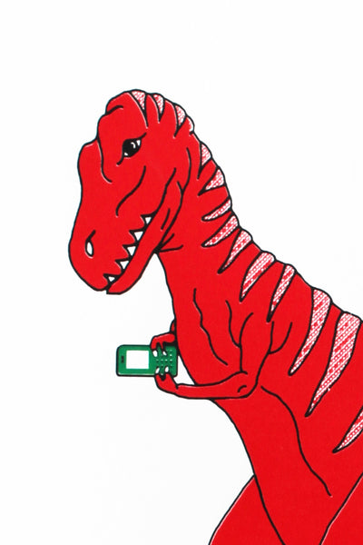 Print of a red T-Rex dinosaur texting on his phone