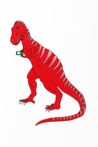 Red T-Rex dinosaur holding a green mobile phone