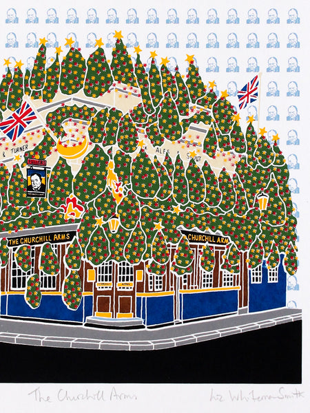 A print of The Churchill Arms pub in Kensington decorated with Christmas trees