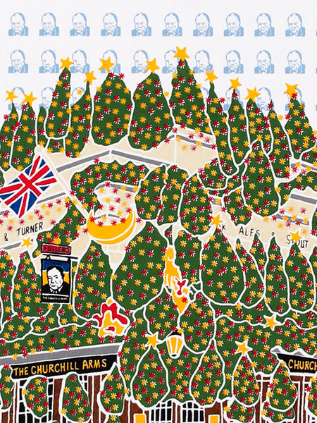 A print of The Churchill Arms pub in Kensington decorated with Christmas trees