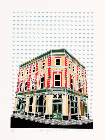 A screen print of the Starting Gate pub  with a racing horse background