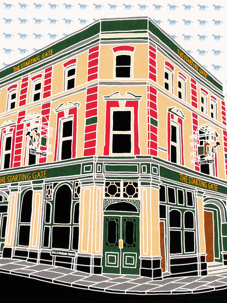 A screen print of the Starting Gate pub  with a racing horse background