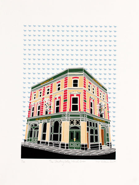 A screen print of the Starting Gate pub  with a racing horse background