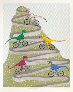 Print of a five dinosaurs cycling up a mountain