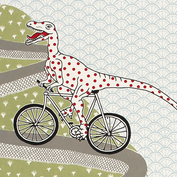 Print of a five dinosaurs cycling up a mountain