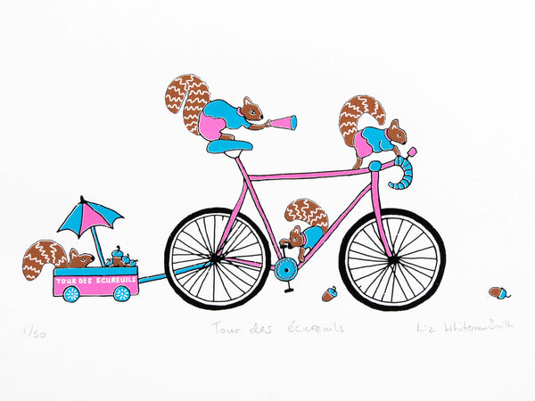 Four squirrels riding a bike