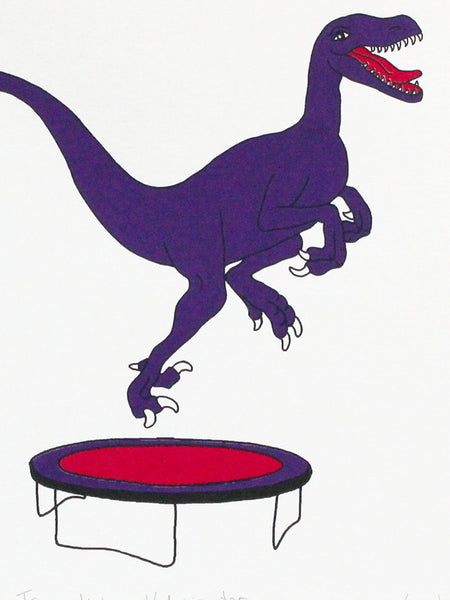 Print of a purple velociraptor bouncing up and down on a tiny trampoline 