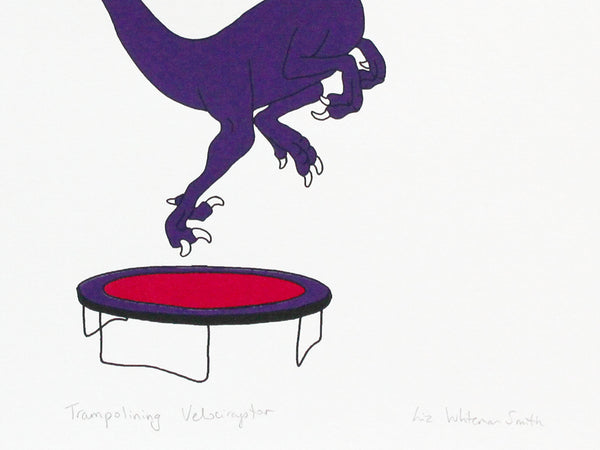 Print of a purple velociraptor bouncing up and down on a tiny trampoline 