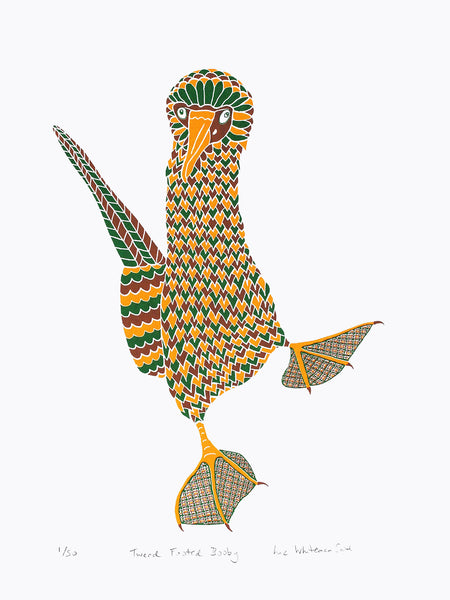 Brown yellow and green tweed patterned dancing booby bird print