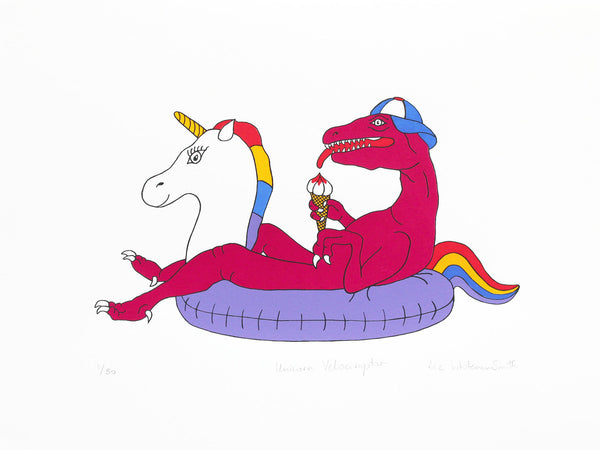 print of a pink velociraptor on a unicorn inflatable