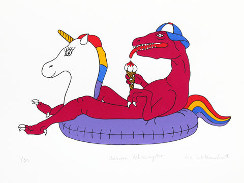 print of a pink velociraptor on a unicorn inflatable