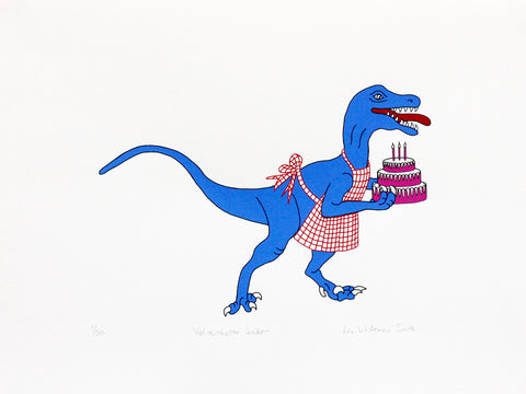 Blue velociraptor holding a pink iced three tiered cake screen print