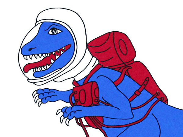 Print of blue velociraptor floating in Space