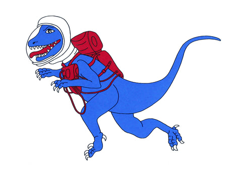 Print of blue velociraptor floating in Space