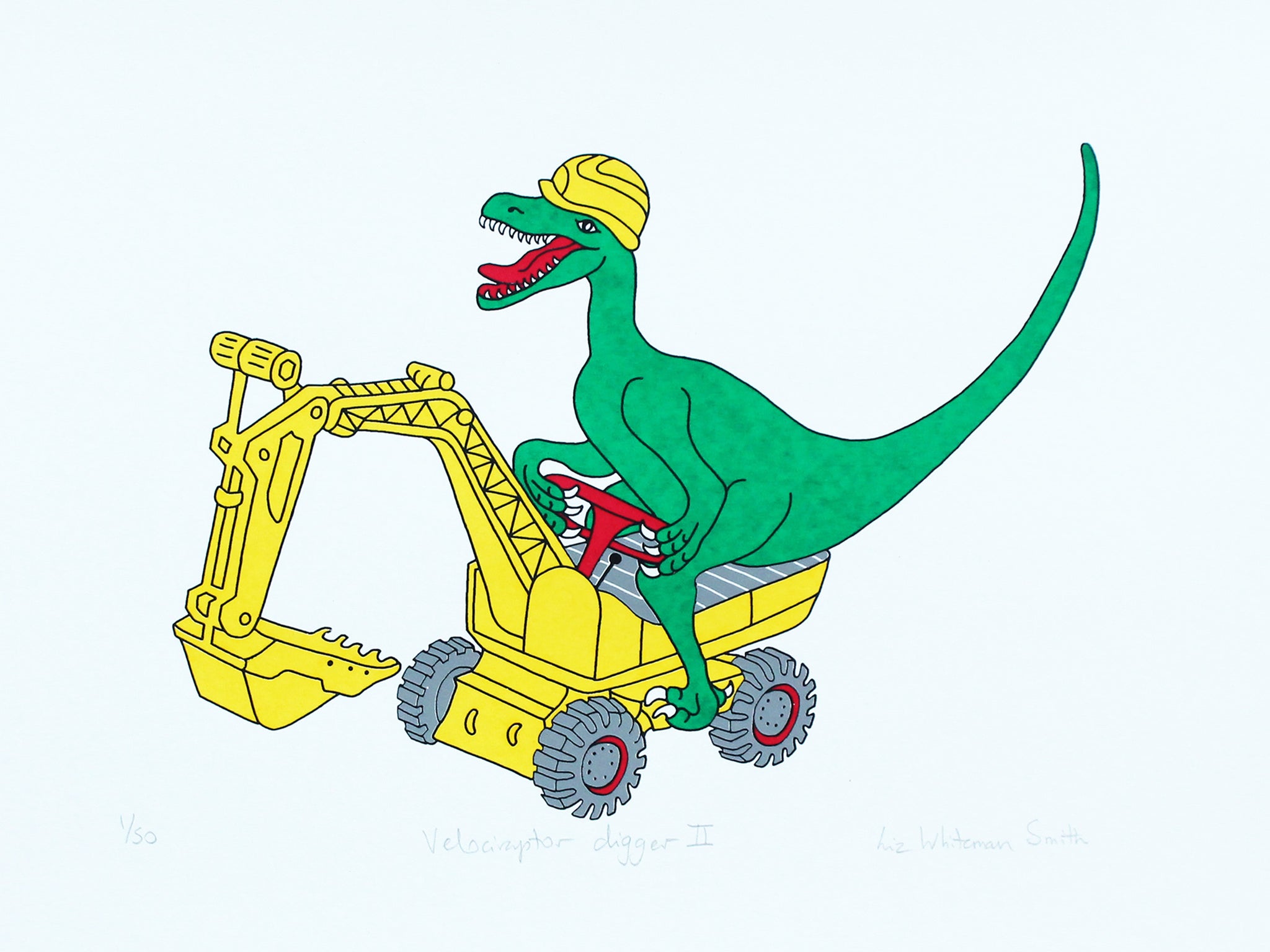 Print of a Green dinosaur on a yellow digger
